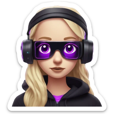 Russian cute blond student girl wearing black hoody with violet letters "OMG", in vr headset. No eyes. Cyberpunk style. Violet neon. sticker