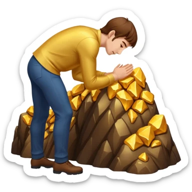 A man bows to a mountain of money sticker
