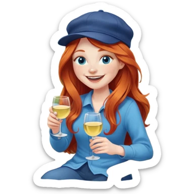 Laughing redhead with long hair and blue eyes wearing cap holding white wine sitting in chair beside fire pit sticker