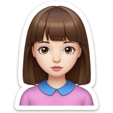 brown straight hair, bangs, big brown eyes, small nose, pale white skin, pink lips sticker