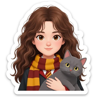 asian ravenclaw girl students with long brown messy wavy hair and brown eyes, holding a gray cat sticker
