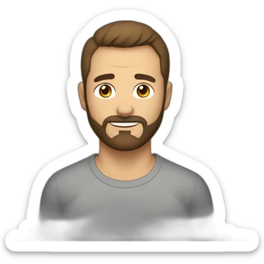 man with brown short hair and short beard wearing a t-shirt with the word escutai on front sticker