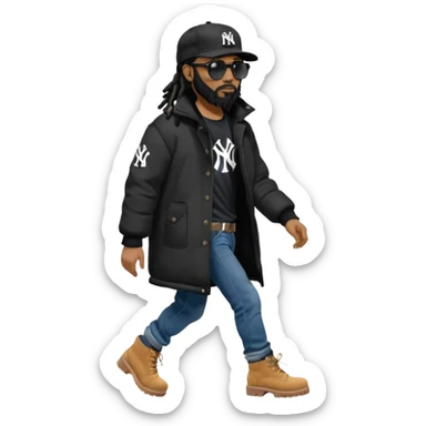 African American man with shoulder length black dreadlocks with black beard wearing black sunglasses wearing a black New York Yankees logo baseball cap wearing a black bubble winter coat with denim skinny jeans and timberland boots walking with hand out sticker