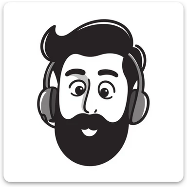 A person with black hair, brown eyes, a black beard, wearing a gaming headset sticker