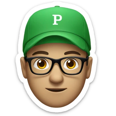 A man wearing a green cap with 'P' on it and black glasses, white skin sticker