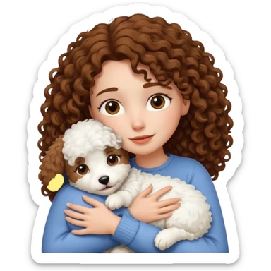 A woman with curly hair Hugging her white furry dog  sticker