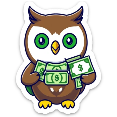 charming pastel-toned owl character, large green eyes, golden feathers, holding a money pouch in its feet, sticker style, emphasizing sparkling effect sticker