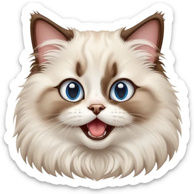 cinematic-adorable-big-eyed-fluffy-ragdoll-cat-portrait-emoji,-head-tilted-playfully-with-a-cute,-yawn,-white and brown fur,-simplified-yet-irresistibly-cute-features, blue eyes sticker