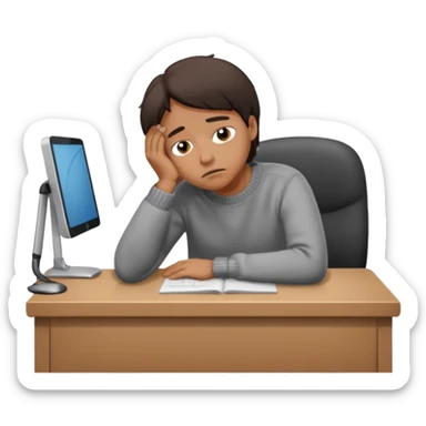 A person wearing a jumper experiencing burnout, exhausted and overwhelmed, tired eyes, slumped posture, sitting at a desk, iOS emoji style sticker