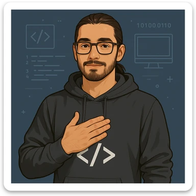 male software developer making 'eyvallah' gesture, right hand on chest, long brown hair tied back, glasses, short beard, light tan skin, wearing a hoodie with </> logo, subtle tech and code elements, clean semi-realistic style sticker