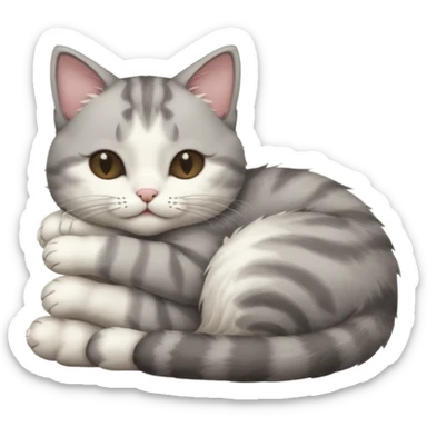 1 grey and white small cat with its eyes closed lying down leaning on its elbow with its paw curled under his head holding it up sticker