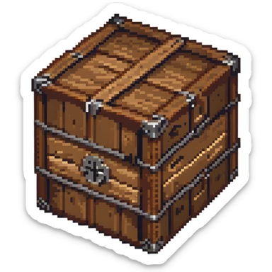 Wooden crate with metal reinforcements, color #c2410c with darker wood grain, visible wood grain texture, metal bands across the crate, slight 3D effect with shading, breakable appearance, small warning symbol, 32x32 pixels sticker