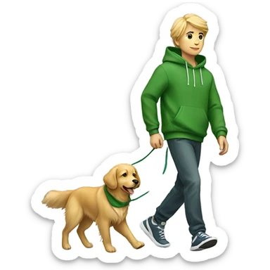 Boy in green hoodie walking golden retriever sticker