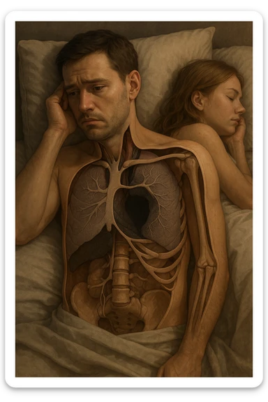 Vertical, hyper-realistic 3D cutaway illustration: uomo con difficoltà con la propria compagna nel letto, faccia depressa sticker