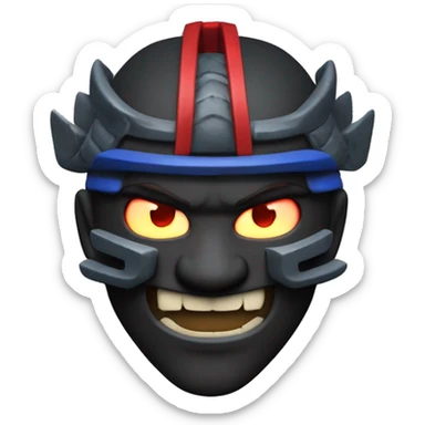 3D cartoon-style icon designed for a Discord server, inspired by a samurai theme with a dark and powerful aesthetic. fierce face of the samurai with sharp teeth and glowing eyes, the traditional samurai armor, and the use of red, black, and blue colors. sticker