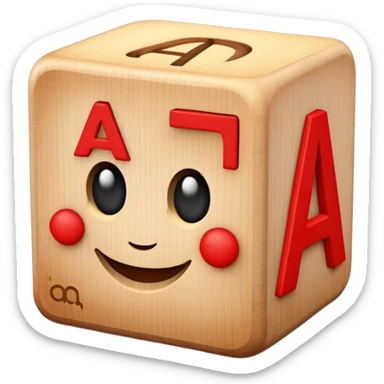 A wooden alphabet block with letter A and a cute smiling face sticker