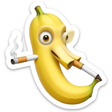 banana with banana-shaped eyes and mouth holding a cigarette sticker