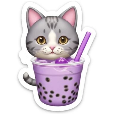 a cat drinking from a mini purple bubble tea cup, cat and bubble tea are different separate figures sticker