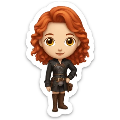 red-haired girl in leather holding a Cavalier sticker