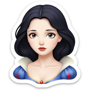 Cinematic Serene Snow White Portrait Emoji, rendered in a simplified vector style. Depict a gentle Snow White (chest and above) with flawless porcelain skin and flowing raven hair, her kind eyes and calm expression exuding a quiet, enchanting charm. The image glows softly with an inviting, pure light and is outlined with a subtle glow. sticker