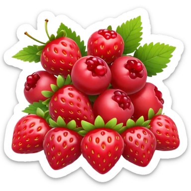 small pile or cluster of mixed red berries such as strawberries, raspberries, red currants, and cherries, natural color variation, glossy and fresh, 3D-rendered, clean, minimal, soft shadows, no faces or extras, transparent background, emoji scale sticker
