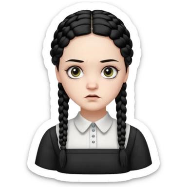 Draw Wednesday Addams with pale skin, black braids, white-collared dress & serious expression. sticker