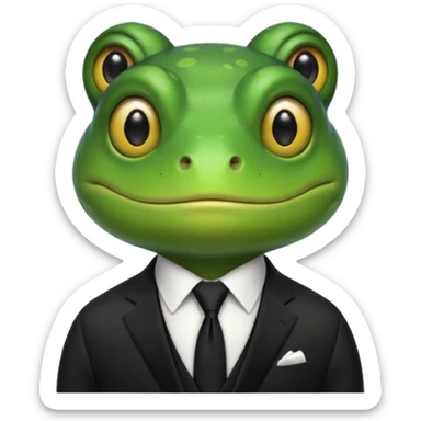 ["Green frog head, dressed in a black suit with a black tie."] sticker