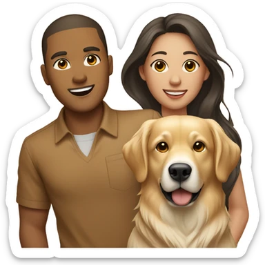 Light brown skin male next to an Asian female with a golden retriever in the middle  sticker
