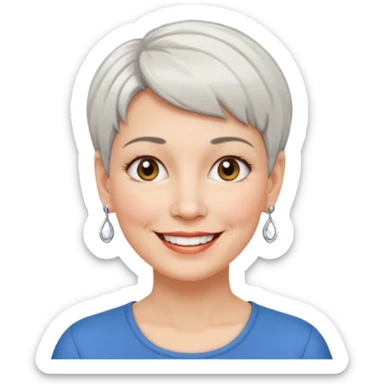 smiling middle-aged woman, short hair, white skin, small earrings, expressive personality sticker