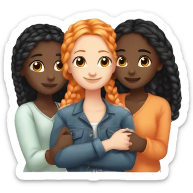 Four girls hugging one blonde one orange hair one black hair with braids and dark skin and lastly one with black hair sticker