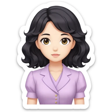 Confident kawaii anime businesswoman with beautiful black wavy hair wearing a soft feminine pastel dress, future boss lady sticker