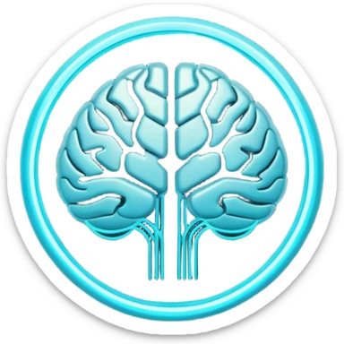 Futuristic neural brain badge icon, minimal glowing brain outline with neon cyan neural lines, small electric spark detail, circular game emblem, sci-fi web3 style, dark background, 3D polished game asset, sharp and high detail, centered composition sticker