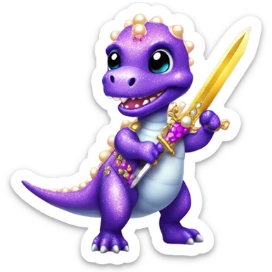 Lisa frank glitter purple cute dinosaur with sword and pearls sticker