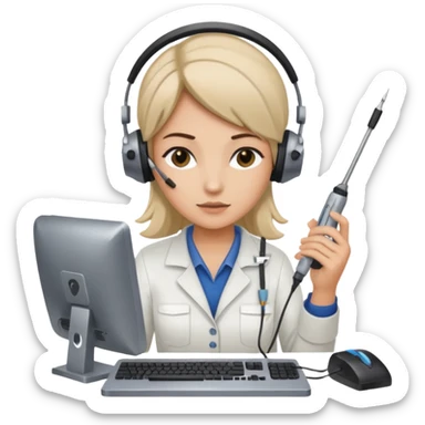 female computer technician fixing damaged computer sticker