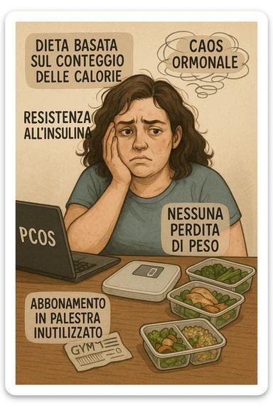 "Desperate woman with PCOS following standard calorie-counting diet, scale showing no weight loss despite strict adherence, expression of confusion and defeat, meal prep containers with healthy foods, insulin resistance making normal dieting ineffective, hormonal chaos overriding caloric deficit principles, gym membership unused due to lack of results scritte in italiano sticker