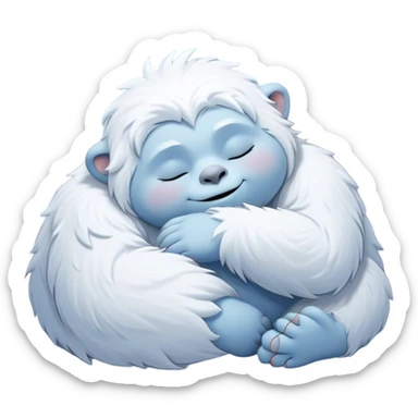 Meme-Worthy Cute Sleeping Yeti Portrait Emoji, with a charming, fluffy, snow-dusted figure in gentle whites and cool blues, head resting in blissful, serene slumber with closed, peaceful eyes and a small, contented smile, simplified yet irresistibly adorable, highly detailed with a soft frosty outline that captures the tender drowsiness of a yeti drifting into snowy dreams! sticker