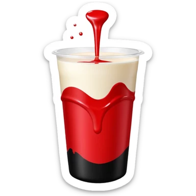whey protein pouch, top half vibrant red, bottom half deep black, simple clean cup of milk with splash effect in the center, smooth minimal glossy emoji-like finish, bold and friendly, inspired by Apple emoji aesthetic sticker