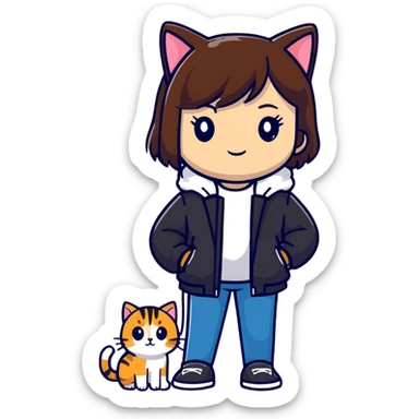 A brown straight-haired girl wearing black jacket with cats sticker
