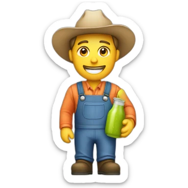 male farmer with hat and juice bottle sticker