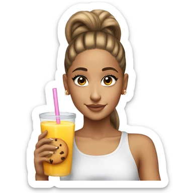 ariana grande with a high ponytail holding a glass of juice and a cookie  sticker