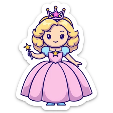 Glinda the Good Witch with long blonde curly hair, sparkling tiara, puffy pink ballgown, and magic wand with star sticker