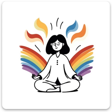 A person in a peaceful meditation pose with colorful rainbow waves of calmness radiating outward, representing mindfulness and stress relief. Vibrant hand-drawn doodle style with purples, blues, and warm tones. sticker