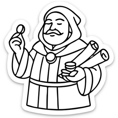 Wealthy fantasy merchant lord in red robes counting gold coins. DnD style character with scrolls of business contracts. sticker