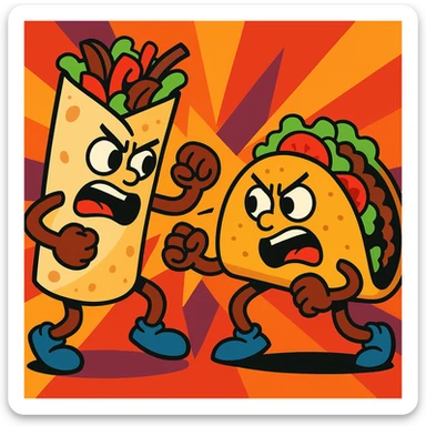 a fajita and a taco in a playful fight, cartoon style, vibrant colors sticker