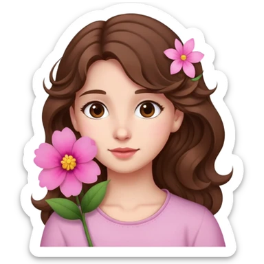 A girl with wavy hair, a flower tucked behind her ear, and a gentle expression. sticker