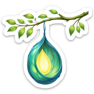 magical organic cocoon suspended from a branch, green-blue cocoon lit up, swirling yellow magic, ethereal and mystical, symbol shape, gentle green-blue hues sticker
