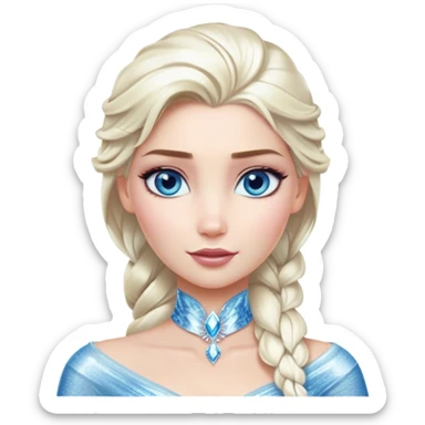 Cinematic Realistic Elsa Portrait, depicted with lifelike skin texture, soft natural lighting, and intricately detailed platinum blonde hair styled elegantly. Her striking, expressive blue eyes exude confidence and grace, complemented by a serene and regal expression. She is dressed in her signature icy attire, with shimmering fabric textures and delicate folds that catch the light beautifully. The portrait features a soft, enchanting glow with a cool, radiant finish, capturing the essence of timeless elegance in a realistic and painterly style, evoking a sense of depth and authenticity. sticker