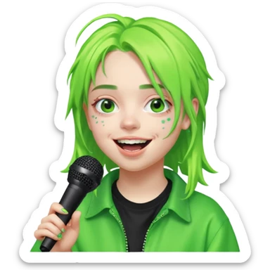 billie eilish is singing, holding mirco and smile, die hair neon lime sticker