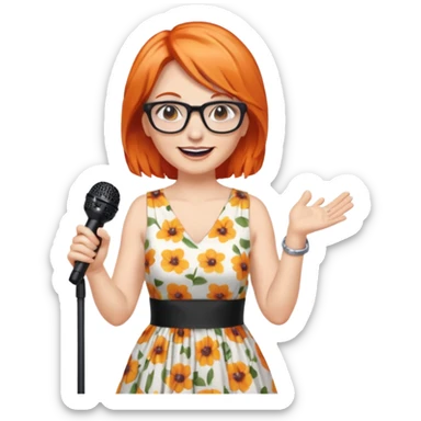 singer, Middle age, orange hair, happy, holding mic, wearing dress, glasses sticker