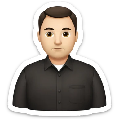 Very fuller-figured businessman with light brown complexion, pear-shaped face with wider jawline, professional demeanor, dark eyes, thick eyebrows, wide nose, short neat beard, short dark hair, wearing a black formal shirt sticker